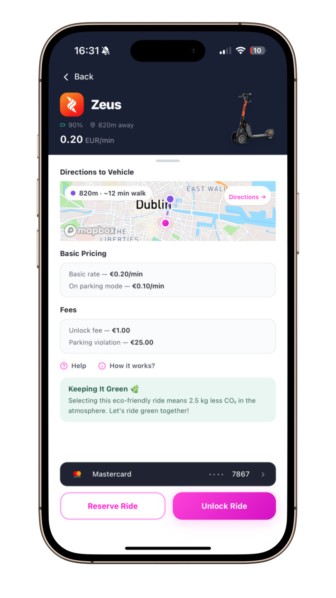 Vimplo booking screen with reserve and unlock ride options