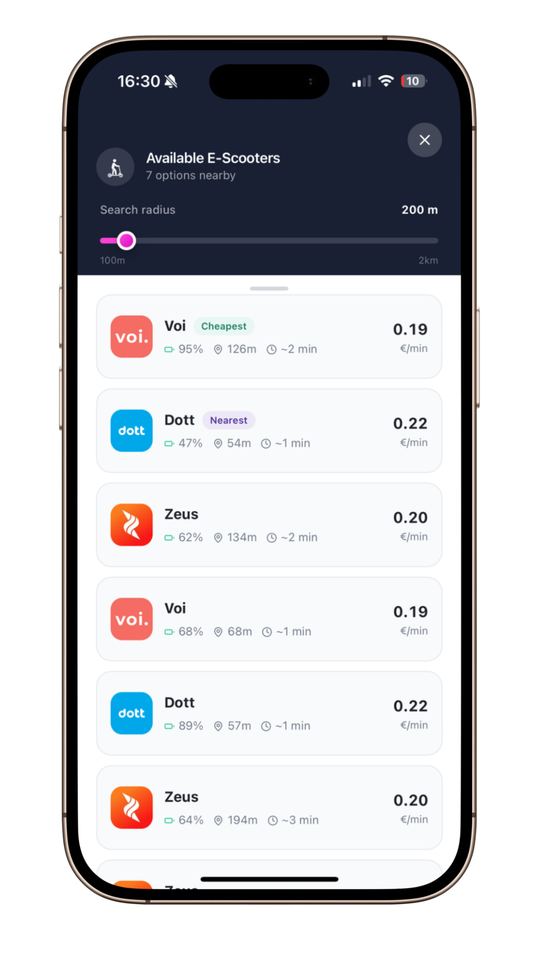Vimplo comparison screen showing available e-scooters with price, distance and battery