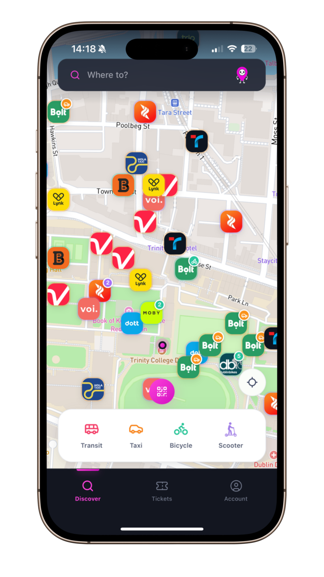Vimplo map view showing available transport options across Dublin