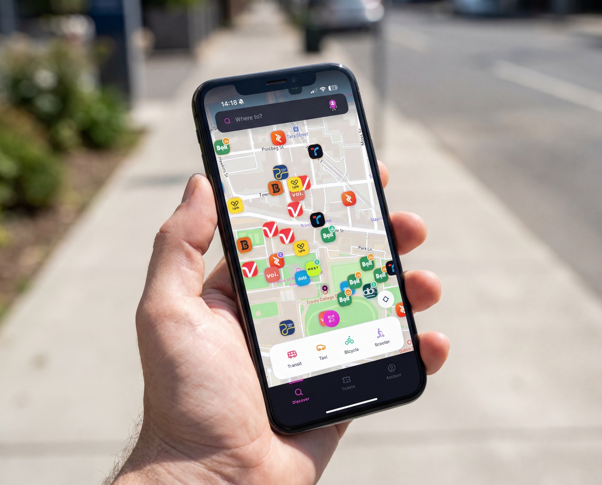 Vimplo app on iPhone showing all transport providers on one map