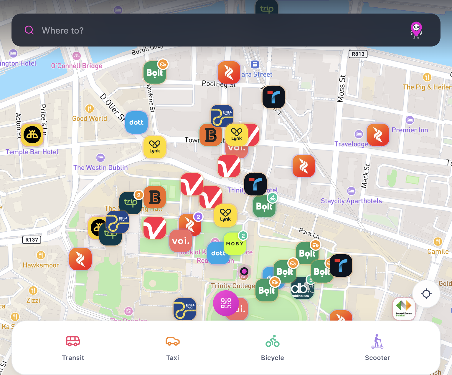 Map showing multiple transport providers in one app